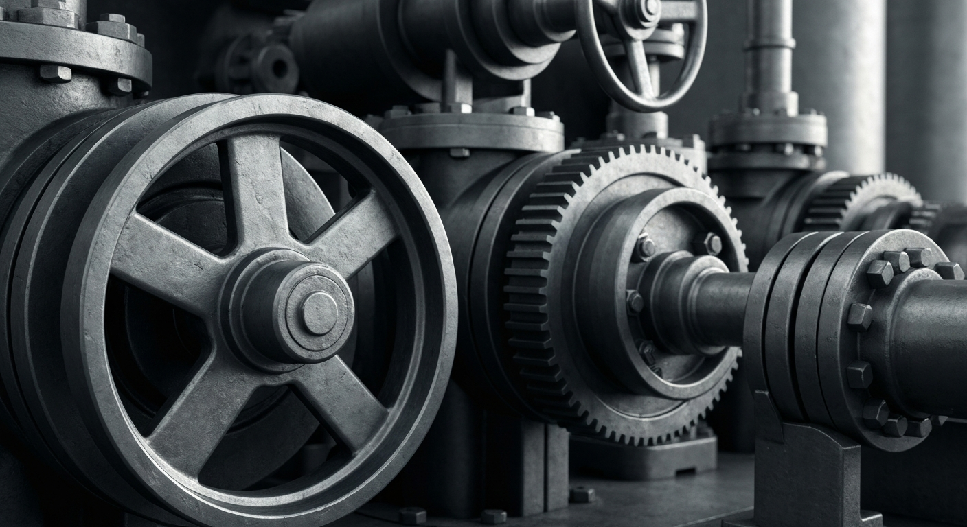 An extreme close-up of heavy, industrial machinery and equipment in muted tones of steel, rust, and black, conveying the physical assets and infrastructure of the oil and gas industry as a metaphor for Gulfport Energy's business.