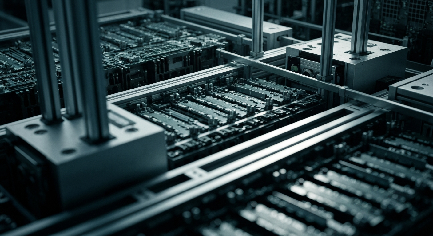 An extreme close-up of the complex, interconnected machinery and components that make up a high-tech electronics manufacturing facility, conveying a sense of the scale, precision, and industrial might behind modern technology production.