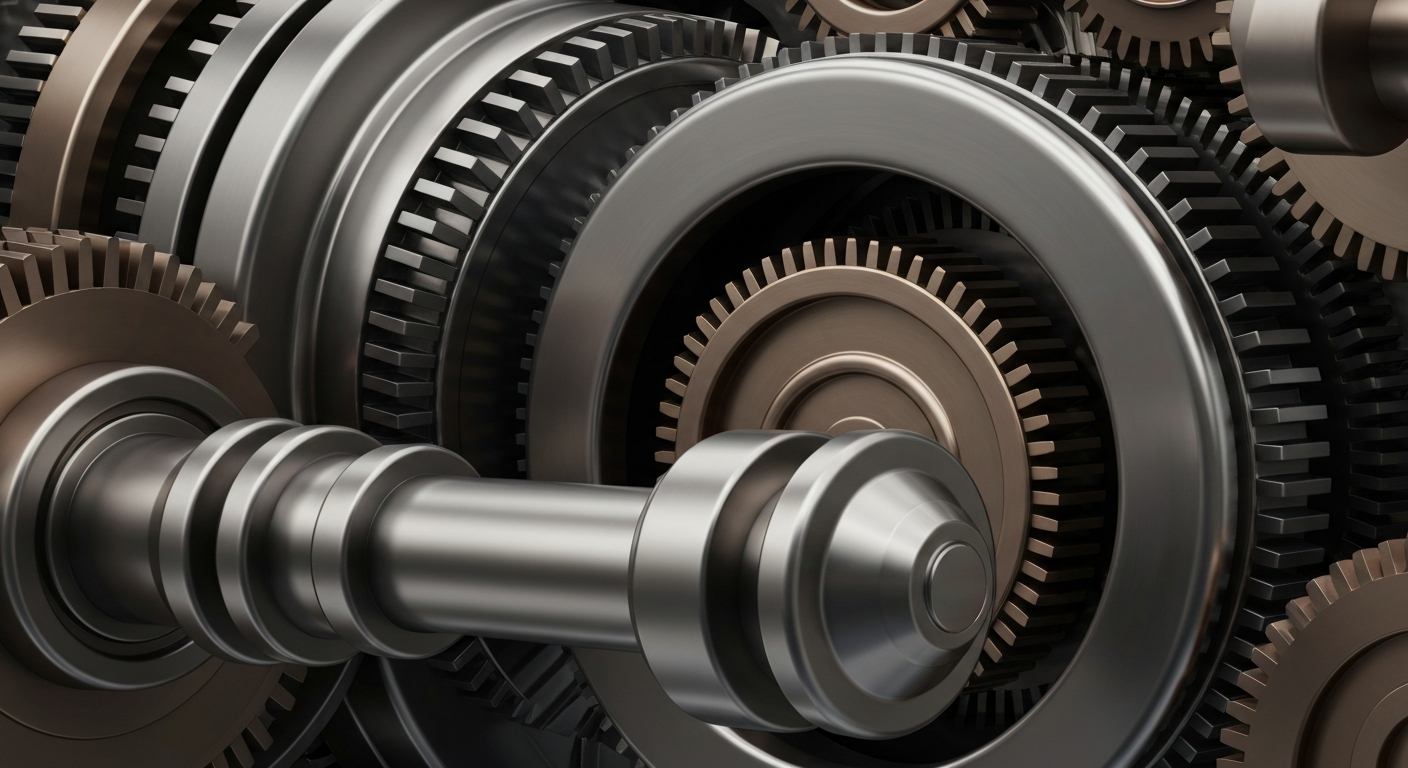 A highly detailed, cinematic close-up image of heavy, industrial banking machinery and gears in shades of steel grey, bronze, and black, representing the institutional power and security of financial institutions.