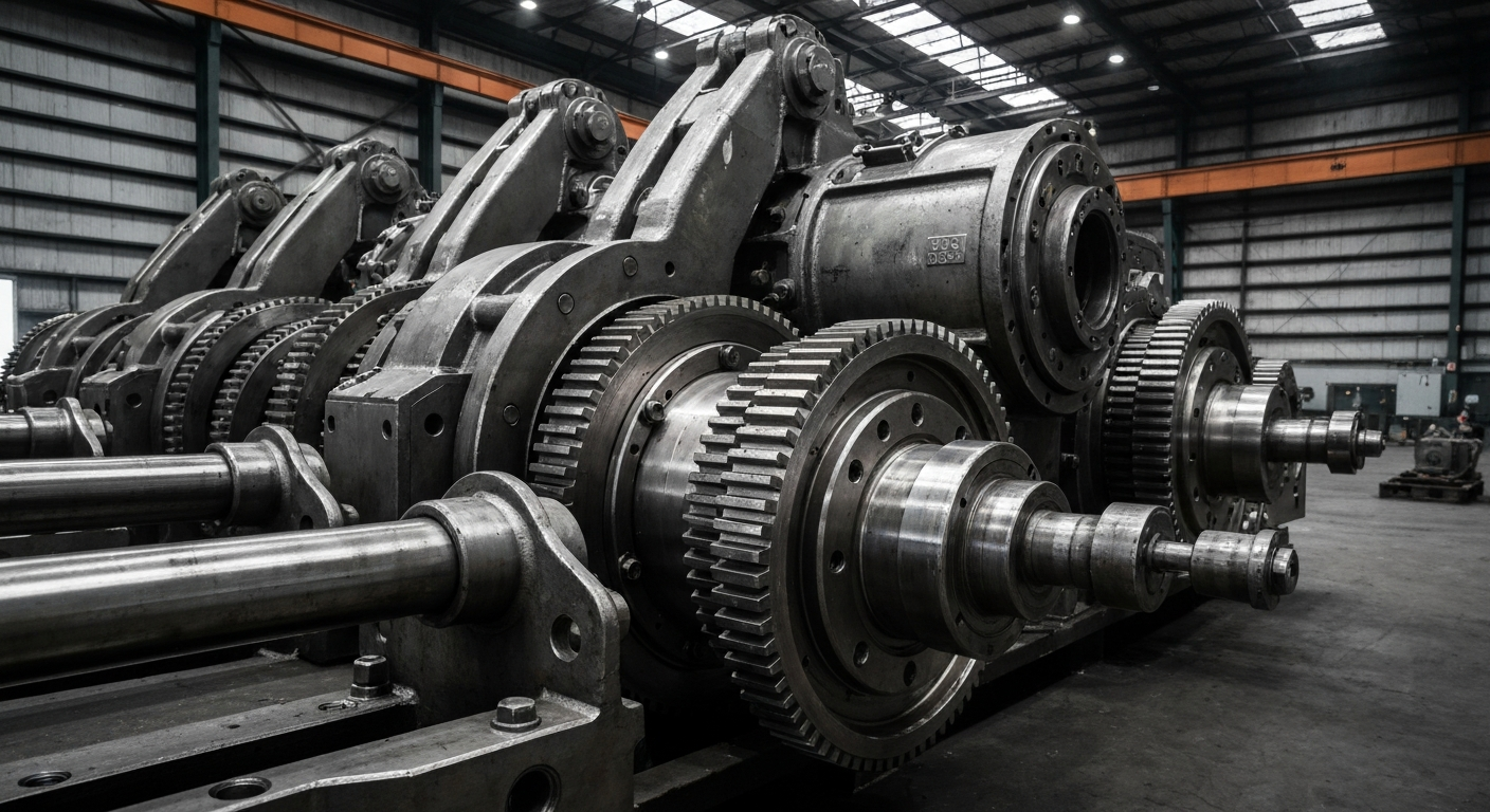An extreme close-up of the intricate mechanical components that power heavy industrial machinery, conveying the complex inner workings of the manufacturing industry.