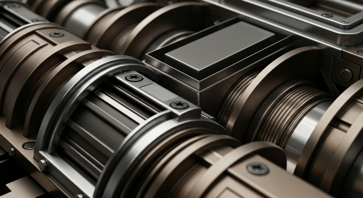 An extreme close-up of complex, interlocking gears and mechanisms in muted metallic tones, representing the behind-the-scenes machinery of the financial sector.