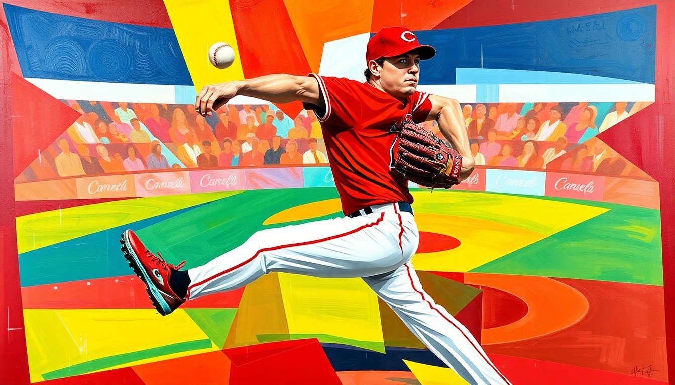A cubist, geometric painting depicting a baseball pitcher's delivery broken down into overlapping planes of color, representing the unique pitching style of Reds starter Rhett Lowder.