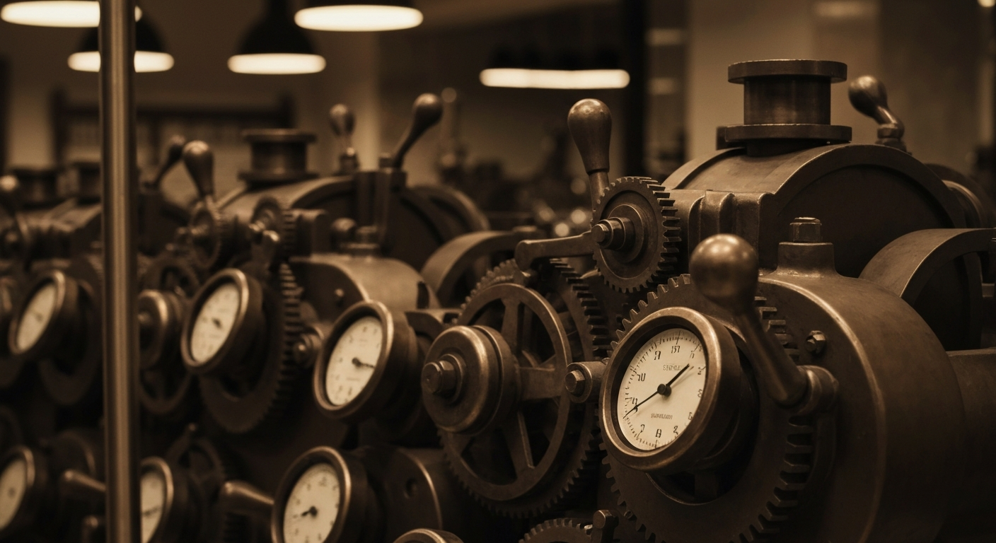 An extreme close-up of gears, levers, and other heavy industrial banking equipment, representing the complex financial infrastructure supporting innovative biopharmaceutical research and development.