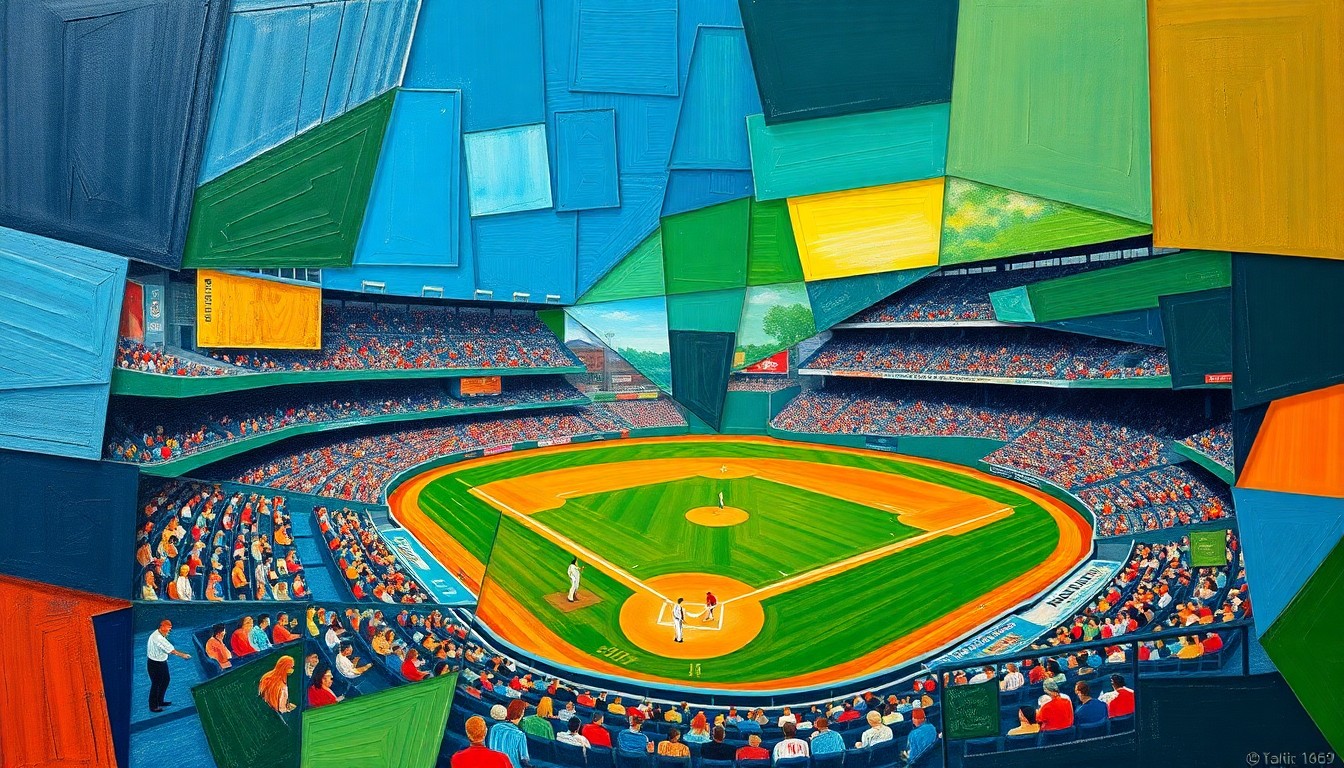 A fragmented, geometric painting in bold colors depicting a baseball game in motion, with players and the field broken down into sharp, overlapping shapes and planes.