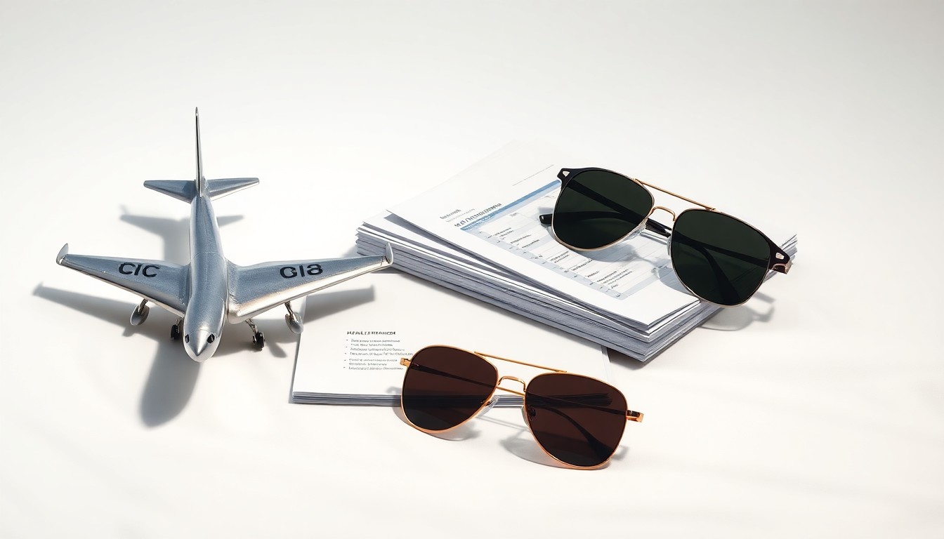 A minimalist, photorealistic studio still life featuring a metal airplane model, financial reports, and aviator sunglasses arranged on a clean white background, conveying the abstract concepts of corporate strategy and finance in the aviation sector.
