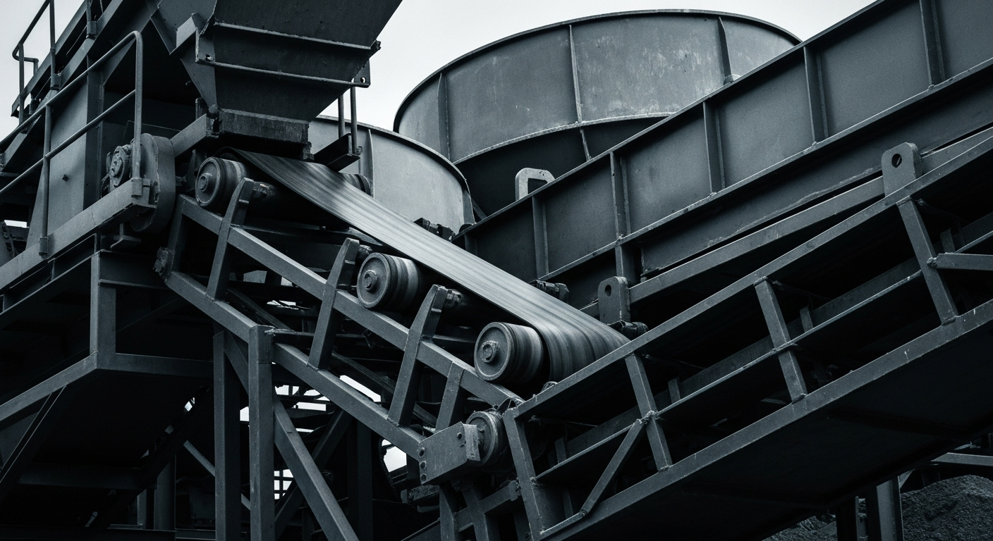 An extreme close-up of heavy, industrial machinery used in the production of construction materials, captured in a gritty, textural style that emphasizes the scale and power of the financial and industrial forces at work.