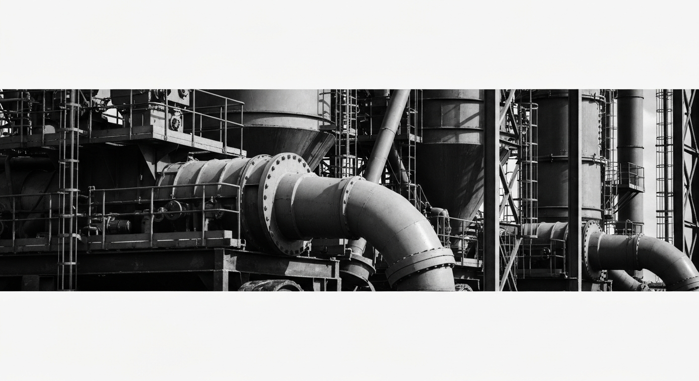 A high-contrast, close-up black-and-white image of heavy industrial equipment and machinery used in fertilizer production, conveying the scale and physicality of the industrial processes behind CF Industries' operations.