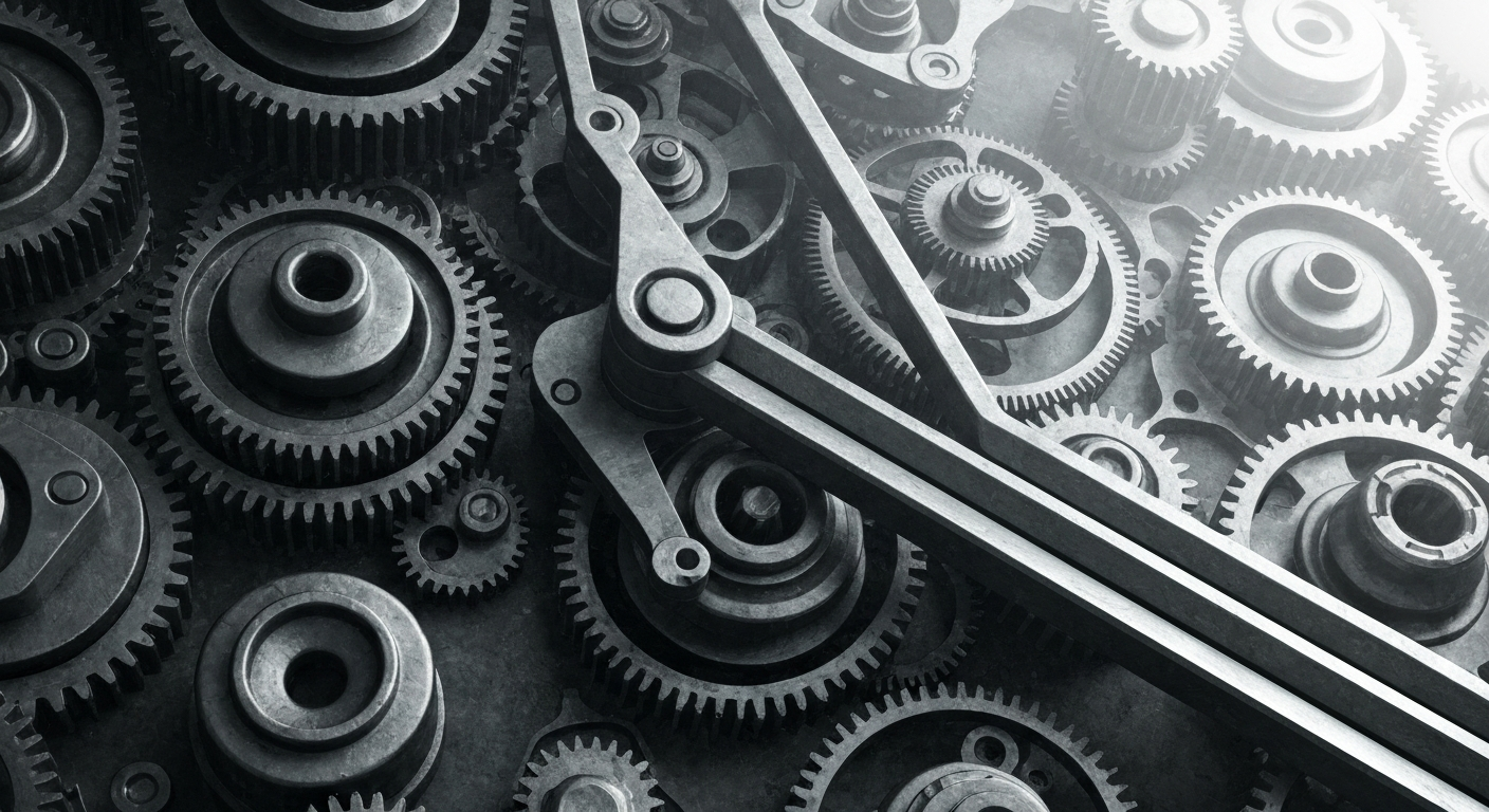 A cinematic close-up of heavy, industrial banking and financial machinery in muted tones, conveying the complex infrastructure behind biotechnology investments.