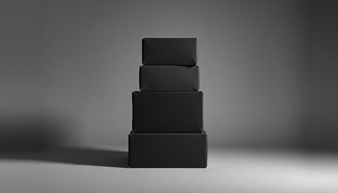 A high-end, photorealistic studio still-life photograph featuring a stack of premium matte black shipping boxes arranged elegantly on a clean, monochromatic background, conceptually representing the abstract financial and strategic elements of a major institutional investment.