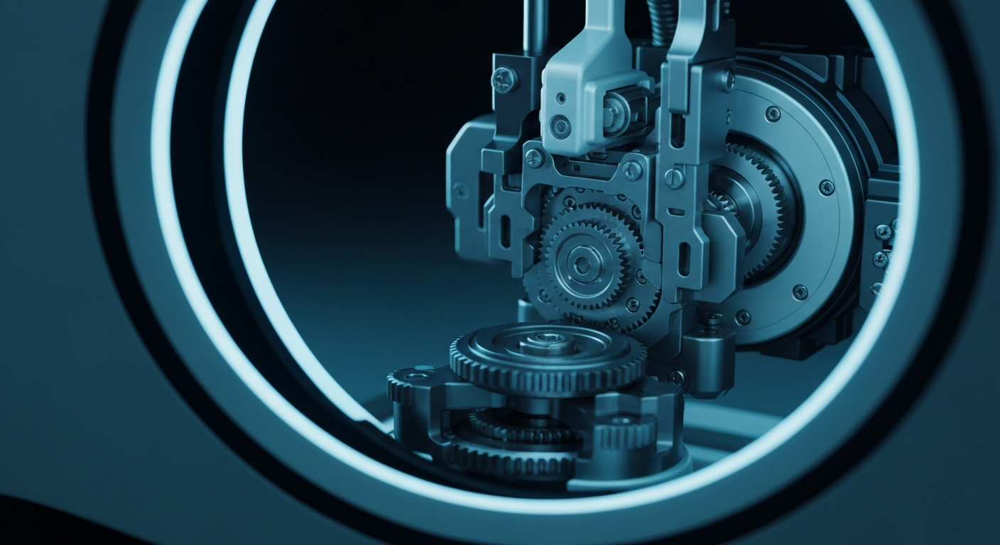 A highly detailed, black-and-white close-up image of the intricate inner workings of a dental scanner, conveying the sophisticated engineering and manufacturing behind Align Technology's medical equipment.