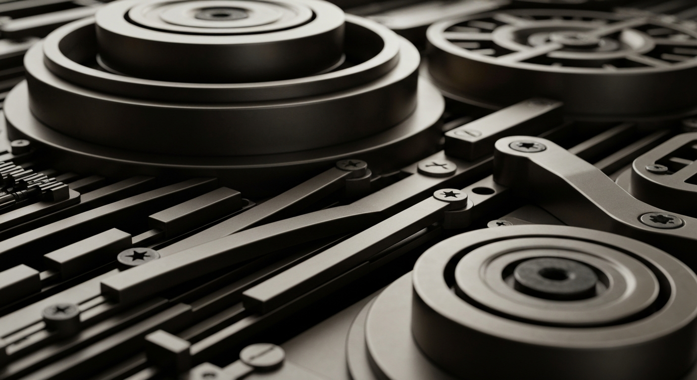An extreme close-up of complex, interlocking financial machinery and instruments in muted industrial tones, conceptually representing the institutional forces shaping the cancer diagnostics market.