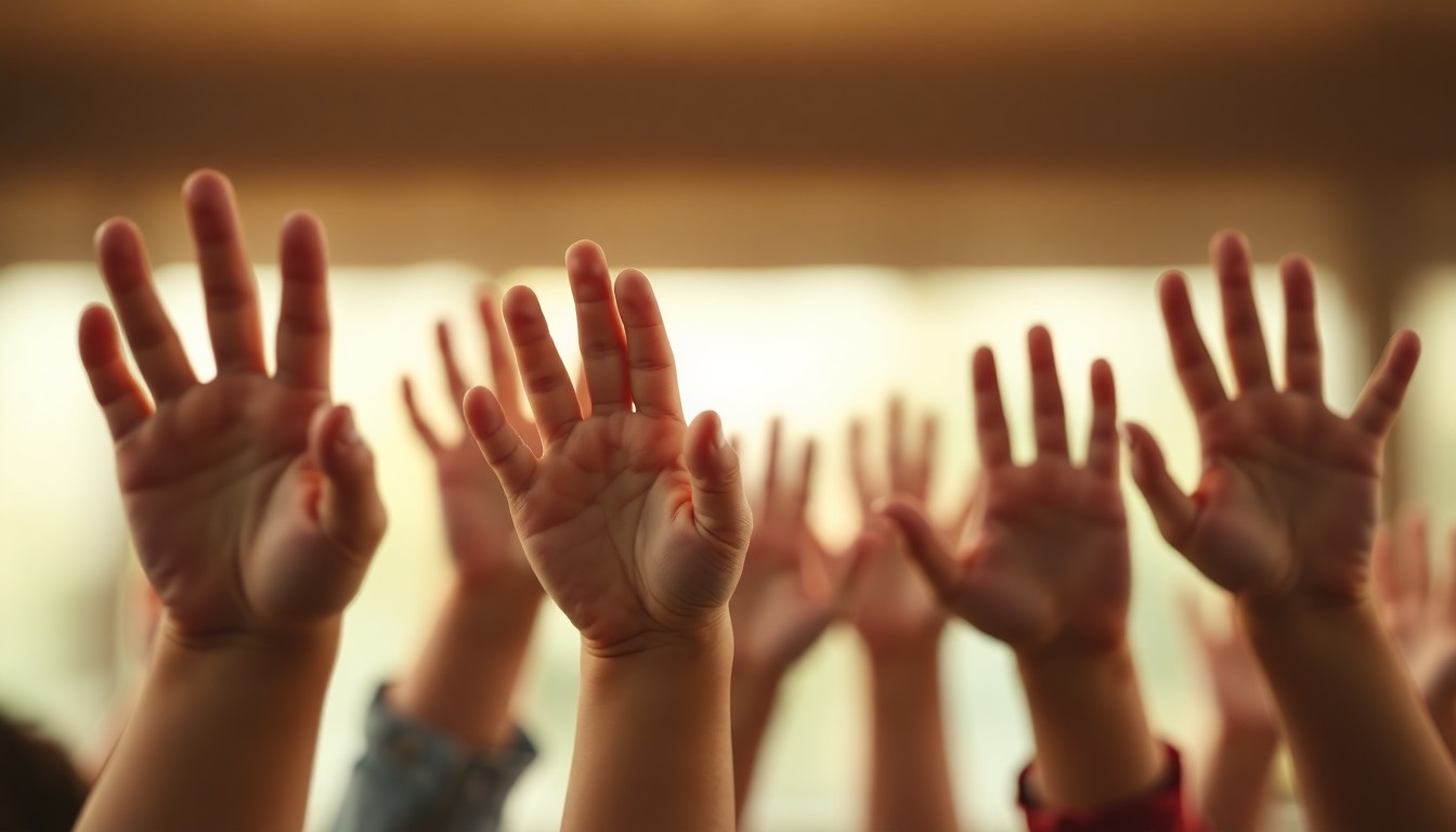 An abstract, impressionistic photograph in soft, blurred focus showing the hands of children reaching out, conveying a sense of community support and care around the issue of child abuse prevention.