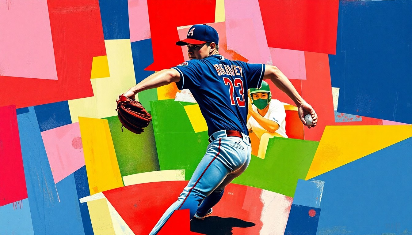 A cubist, geometric painting depicting a baseball pitcher's windup and delivery, with sharp, overlapping planes of navy blue, red, and white colors representing the Atlanta Braves' team palette.