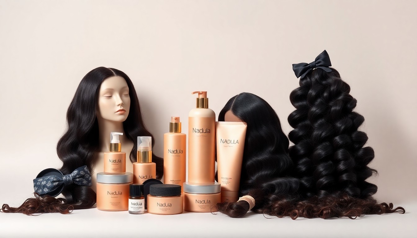 A high-end, photorealistic studio still-life photograph featuring a collection of Nadula hair care products, including wigs, hair bundles, and accessories, arranged elegantly on a clean, monochromatic background with dramatic lighting and shadows.