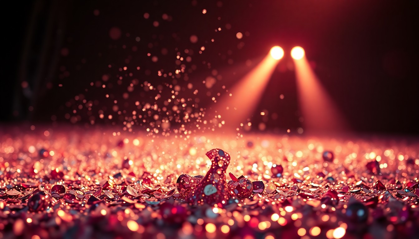 An extreme close-up photograph of glittering sequins and shattered disco glass, capturing the high-energy, glamorous aesthetic of a major music festival performance.