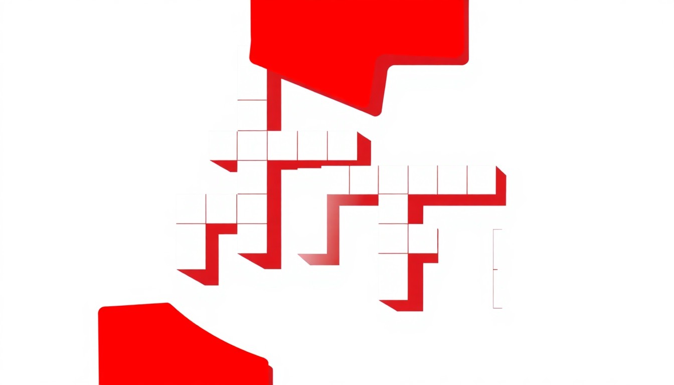 A dynamic composition of bold, geometric shapes in red and white, conceptually representing the mental exercise of solving a crossword puzzle.