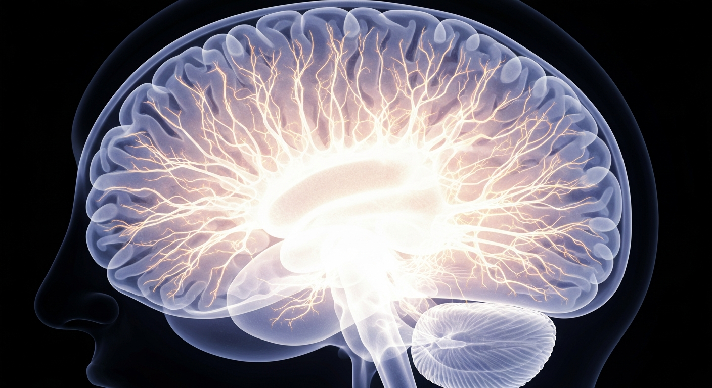 A ghostly, translucent X-ray image of a human brain, revealing its intricate neural structures and pathways in glowing lines against a dark background, conceptually illustrating the importance of studying the autistic brain to understand neurodevelopmental conditions.