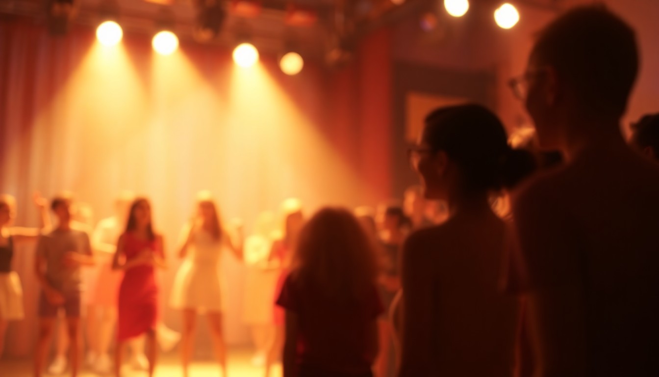 An abstract, out-of-focus scene depicting a group of people on a stage, their forms and faces blurred into soft, warm pools of color and light, conveying the joyful energy of a theatrical performance.