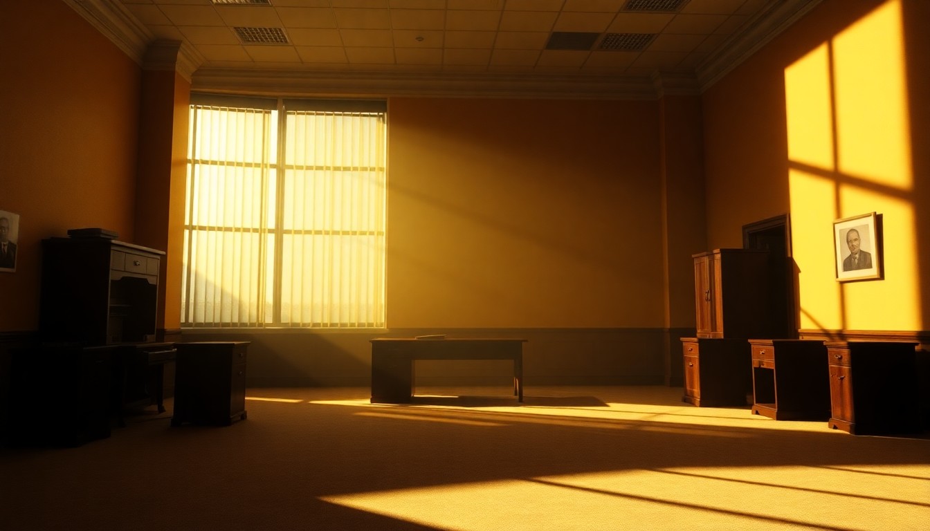 A dimly lit, cinematic painting of an empty government office space, with warm sunlight streaming through the windows and deep shadows casting an ominous mood, conceptually representing the political tensions surrounding Mamdani's remarks.