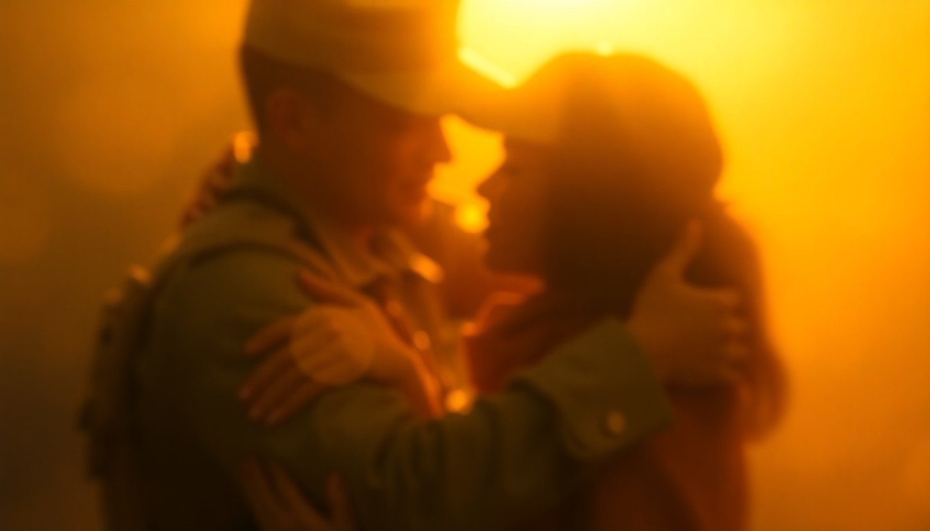 An abstract, impressionistic photograph of two figures embracing, their faces blurred in a warm, golden glow, conveying the emotional connection and relief of a military homecoming.