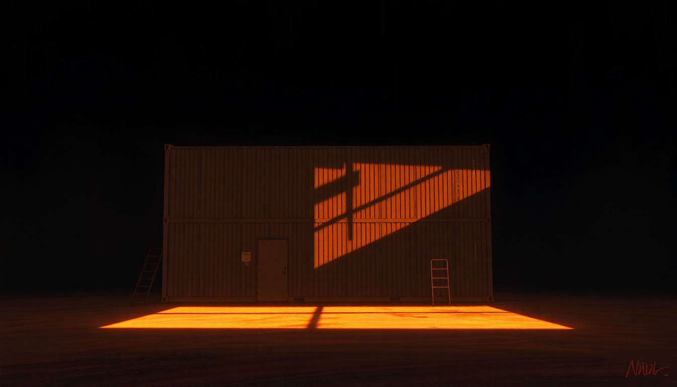 A warm, cinematic painting of a large warehouse building in an urban setting, with dramatic lighting and shadows creating a sense of political tension and unease.