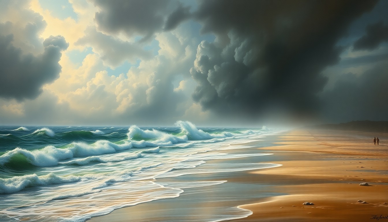 A vast, majestic landscape painting depicting a stormy, wind-swept beach scene along the Florida coast, with dramatic crashing waves and churning surf dwarfing any physical structures or beachgoers caught within the frame.
