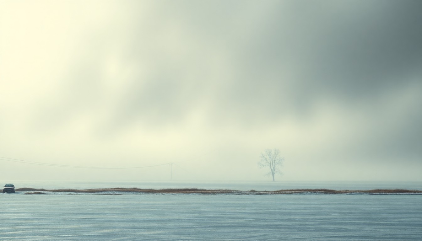 A sweeping, atmospheric landscape painting in muted tones of blue, grey, and white, depicting a frozen, misty morning scene in northern Delaware. A lone car or tree is silhouetted against the hazy, dramatic backdrop, conveying the overwhelming scale and power of the extreme cold weather.