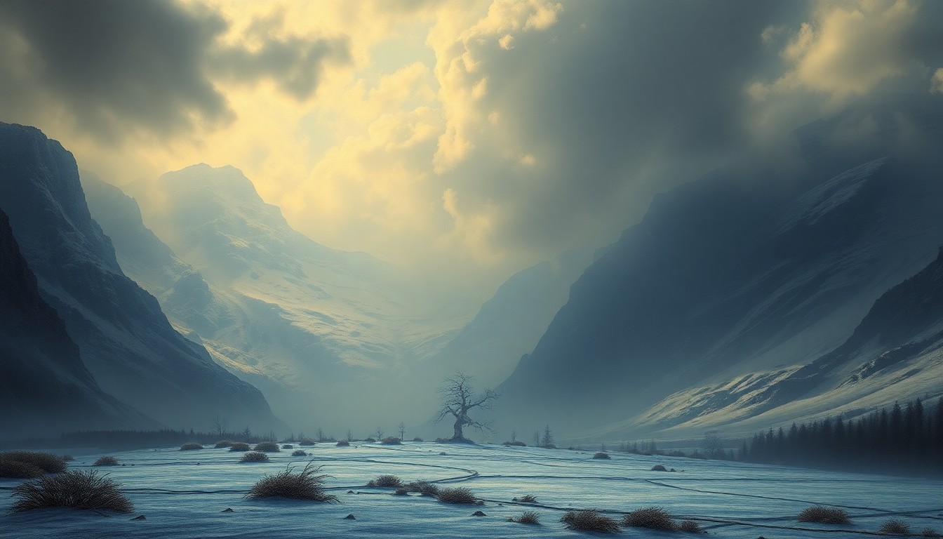 A vast, frozen landscape painting in muted tones of gray and blue, with a lone, bare tree silhouetted against a dramatic, cloudy sky. The scene conveys the overwhelming power and sublime scale of the natural world, dwarfing any human presence.