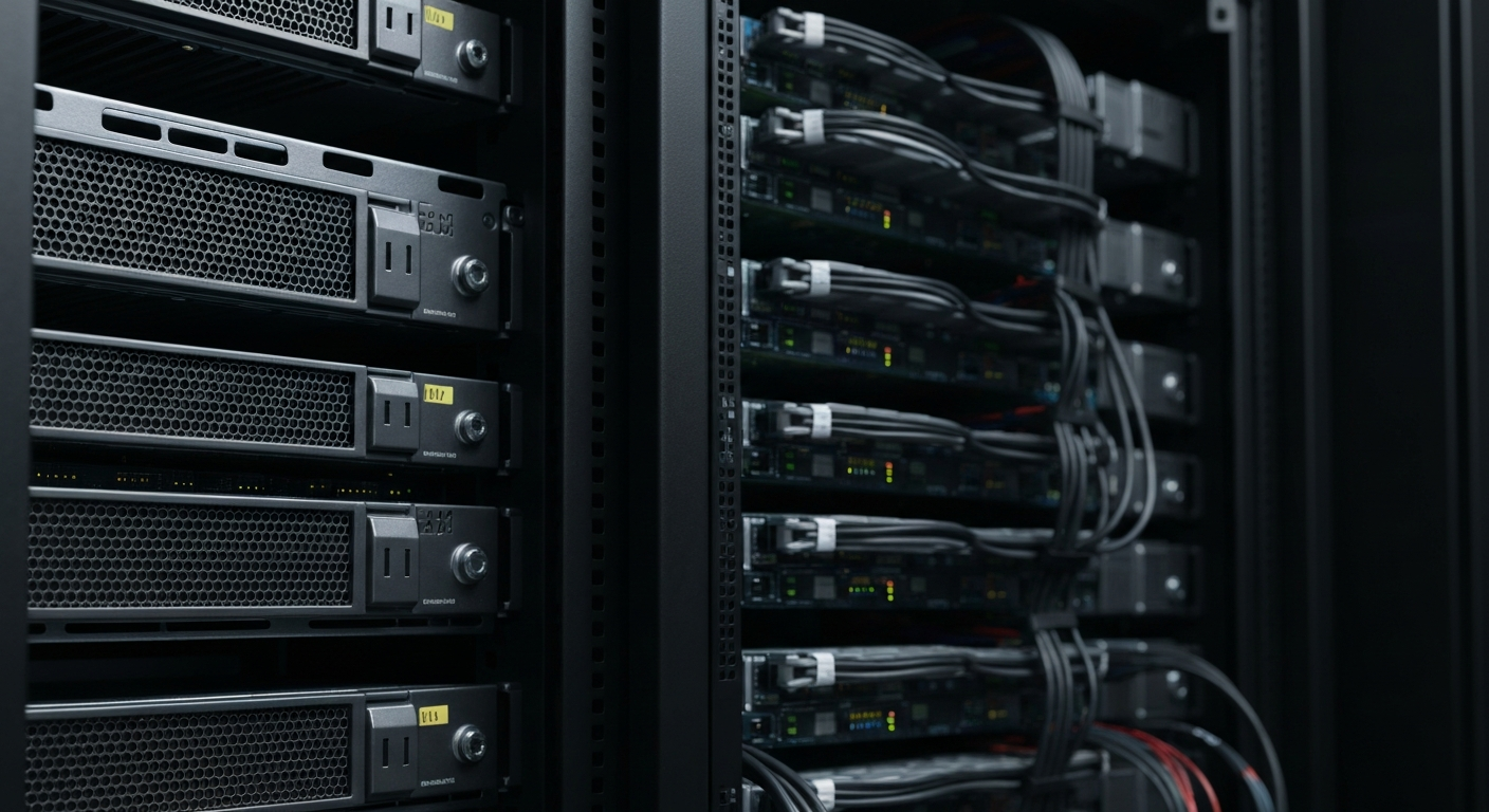 An extreme close-up of the intricate, industrial-looking components and wiring of a media server rack, conveying the robust infrastructure that powers Netflix's streaming services.