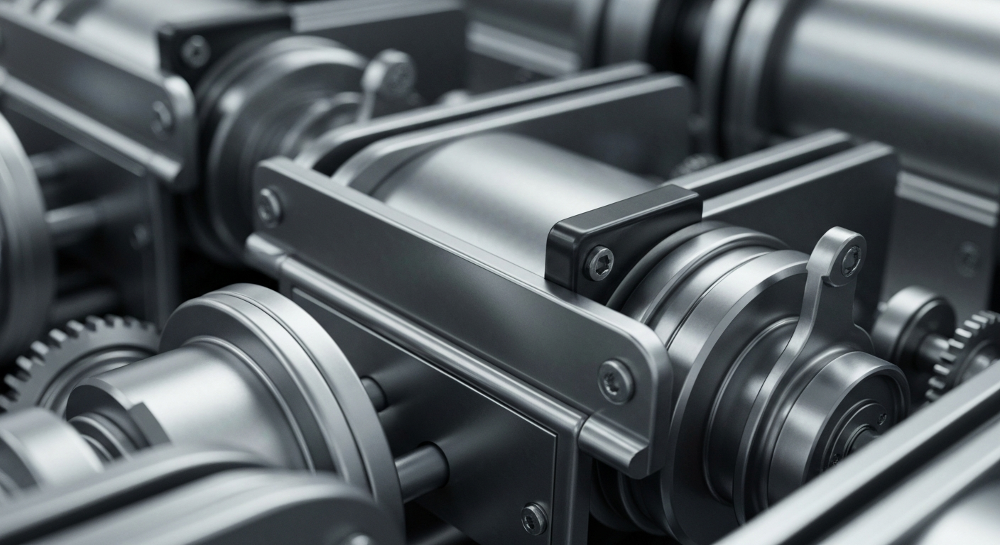 A highly detailed, cinematic close-up image of the heavy, polished mechanical components and machinery that make up the infrastructure of a large banking institution, conveying a sense of strength, security, and financial power.