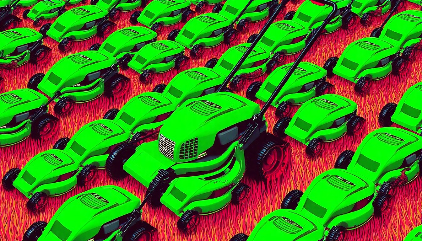 A high-contrast, silkscreen-style illustration of a green lawn mower repeated in a grid pattern, using bold neon colors and heavy black outlines to transform an everyday lawn care tool into a modern pop art statement.