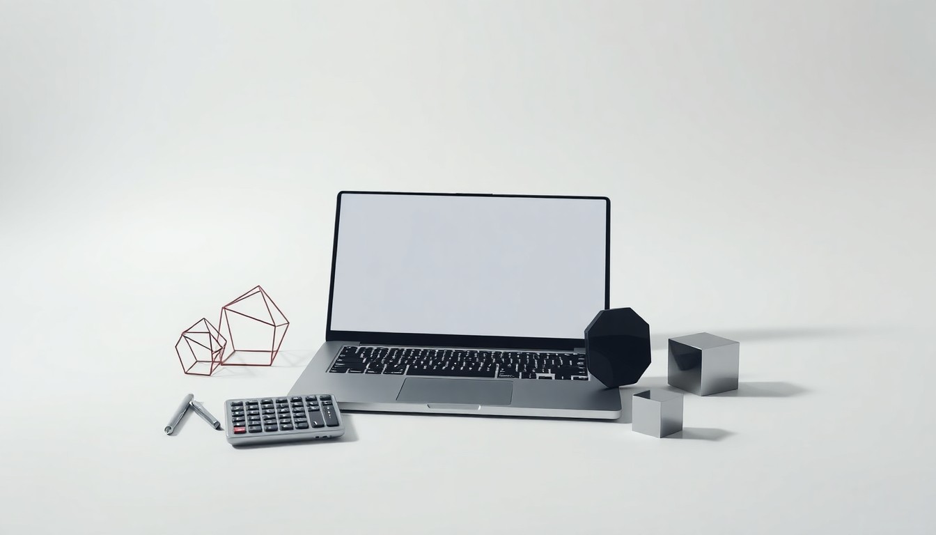 A minimalist, high-contrast studio still life featuring a sleek laptop, a stylized calculator, and geometric shapes made of polished metal and glass, conceptually representing the abstract impact of technology on corporate strategy and the modern workforce.