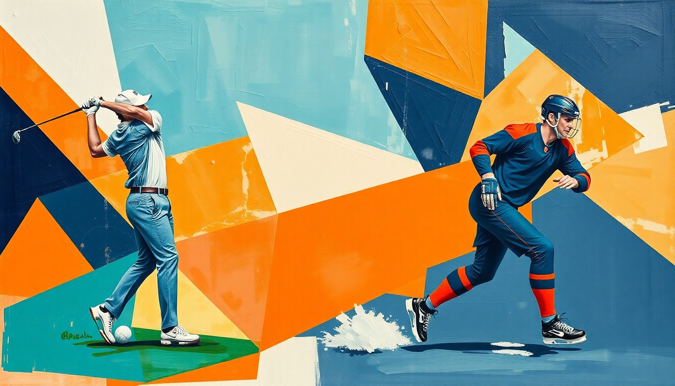 A cubist, geometric painting depicting a golfer mid-swing and a hockey player mid-stride, with sharp, overlapping planes of teal, orange, and navy blue, conceptually representing the crossover between the two sports.