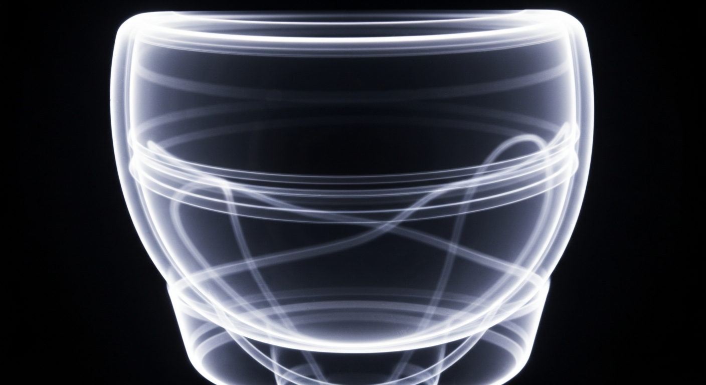 An extreme close-up X-ray photograph of the intricate internal structure of a light adjustable intraocular lens implant, conceptually illustrating the personalized vision correction technology.