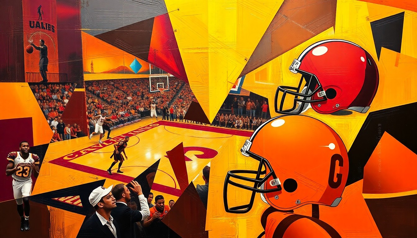 A fractured, cubist-style painting depicting a Cleveland Cavaliers basketball game and a Cleveland Browns football game, with the players and action broken down into sharp, overlapping geometric shapes and planes in the team's official colors.