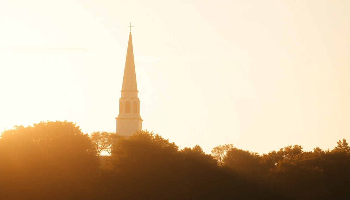 An abstract, impressionistic photograph of a church steeple and trees, with soft, blurred edges and a warm, golden glow, conveying a sense of reverence and reflection.