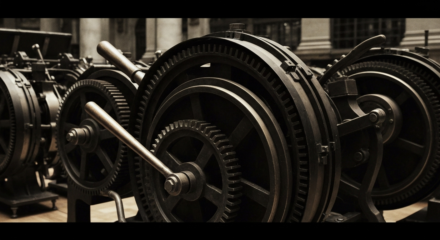An extreme close-up of the intricate gears, levers, and mechanisms of the New York Stock Exchange trading floor, conveying the industrial power and technical precision behind the trading of Manchester United's publicly listed stock.