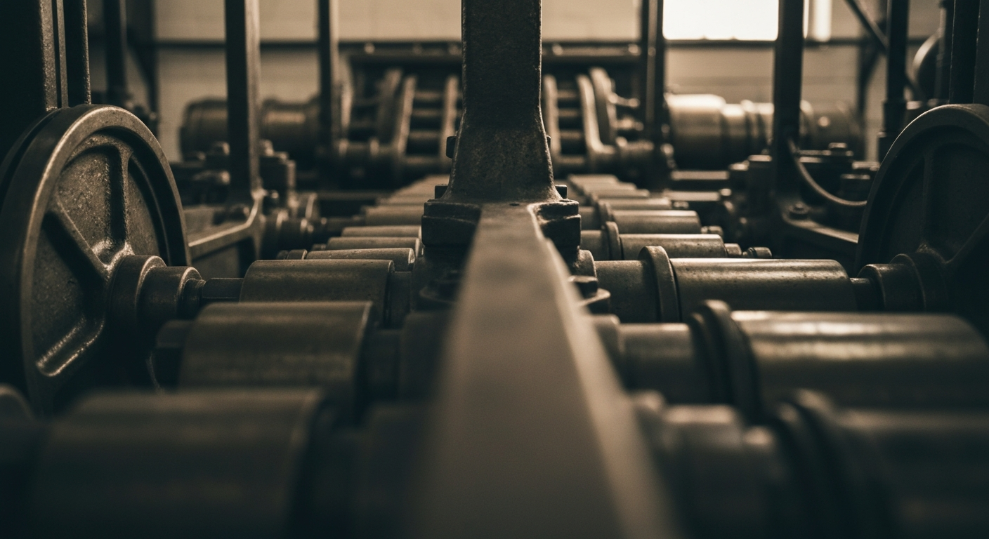 An extreme close-up of intricately connected banking machinery, conveying the underlying mechanics and infrastructure that power global financial markets.