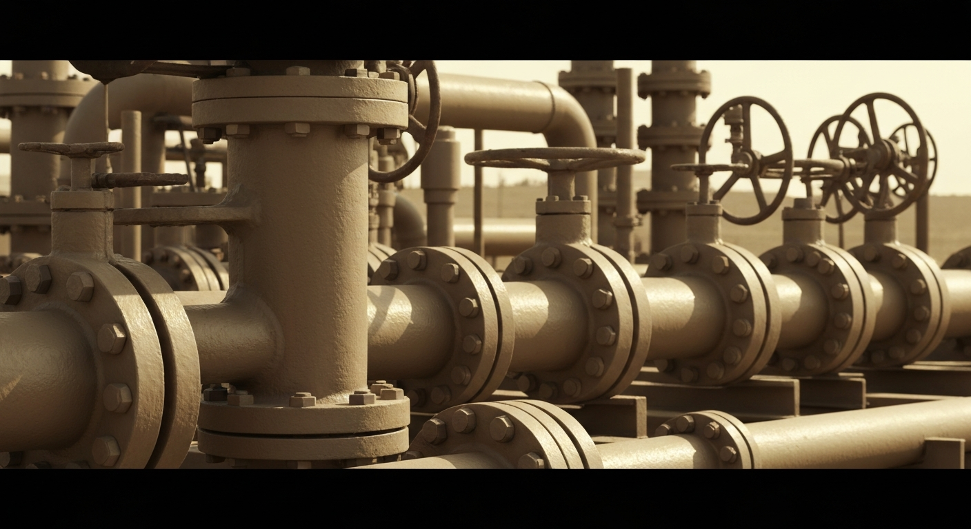 A close-up, cinematic view of heavy, industrial oil and gas machinery and equipment, conveying the physical, mechanical power that underpins the Permian Basin's energy production.