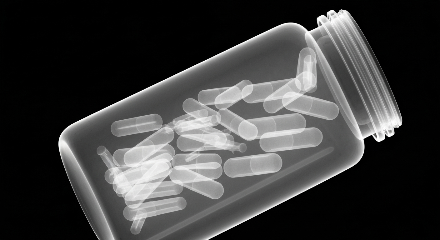 A ghostly, translucent X-ray photograph of an opioid pill bottle, its internal structure glowing against a dark background, conceptually representing the clinical, analytical nature of the research debunking the overdose spike.