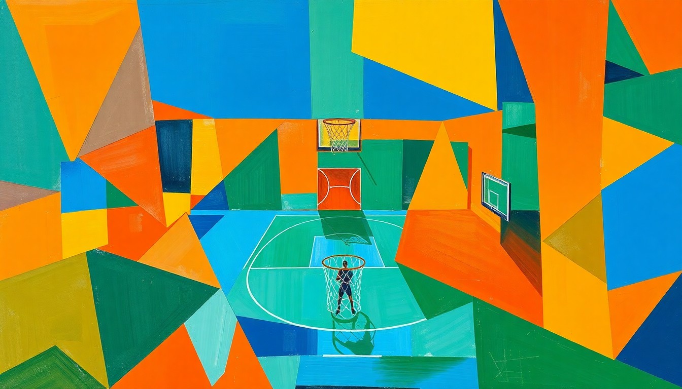 A cubist, geometric painting depicting a basketball game broken down into overlapping planes of orange, blue, and green, capturing the dynamic motion and energy of the sport.