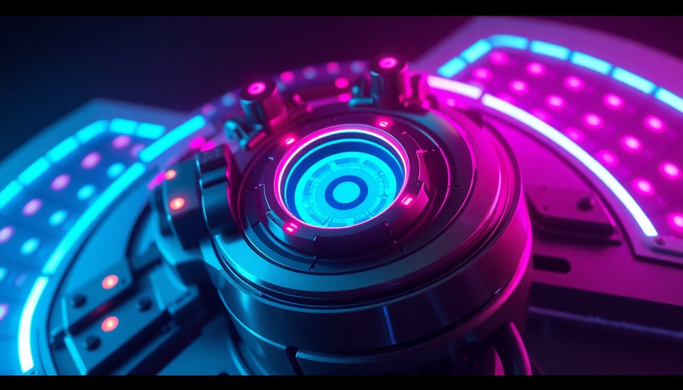 A highly detailed, glowing 3D macro illustration of an uncrewed aerial vehicle's infrared sensor array, with neon cyan and magenta lights illuminating the complex cybernetic hardware, conceptually representing the advanced sensor technologies enabling autonomous behaviors in future air combat.