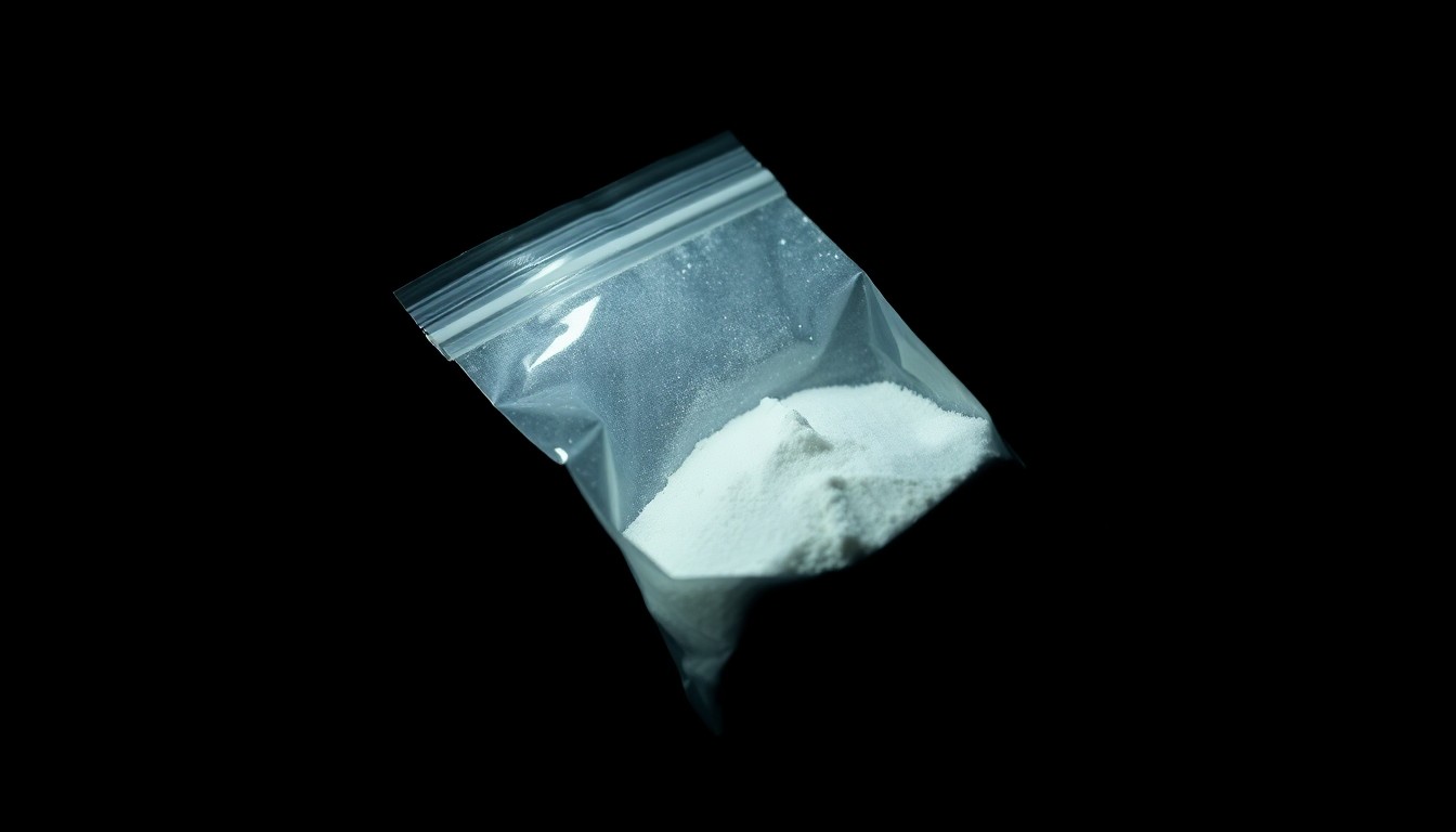 An extreme close-up photograph of a small plastic bag containing white powder, lit by a harsh, direct camera flash against a pitch-black background, creating a stark, gritty, investigative aesthetic.