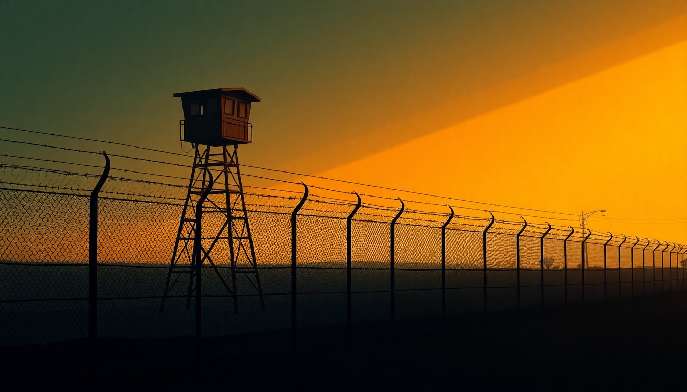 A serene, cinematic painting of a solitary barbed wire fence or detention center guard tower, bathed in warm, diagonal sunlight and deep shadows, conceptually representing the tensions and unease surrounding the proposed ICE detention facility in Surprise, Arizona.