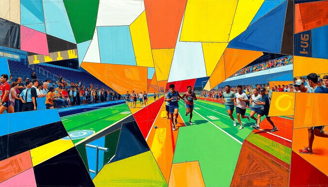 A fragmented, geometric painting in bold primary colors depicting the dynamic action of a track and field competition.