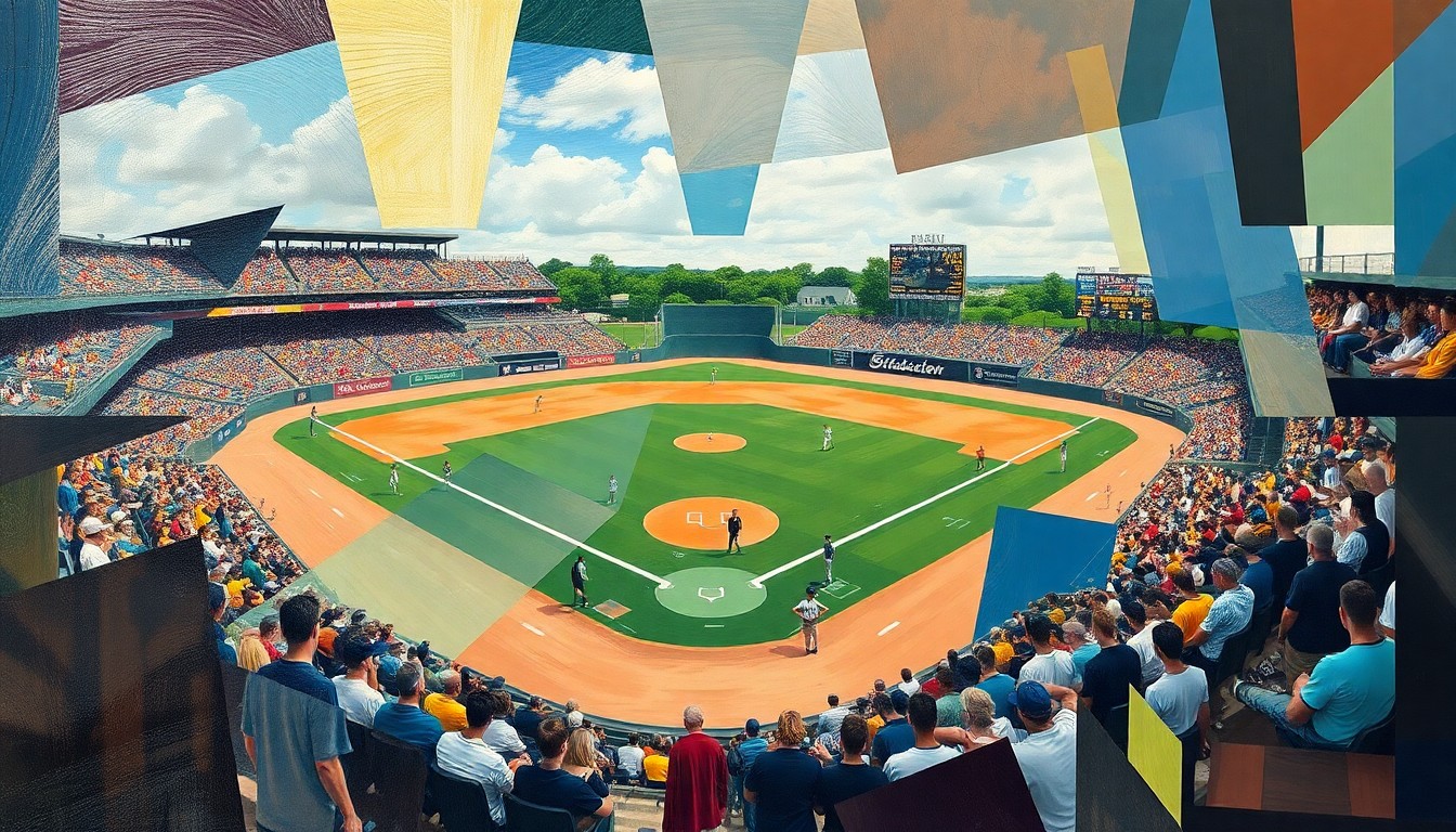 A fragmented, geometric painting depicting the dynamic movements and competing perspectives of a high school baseball game, conveying the raw energy and competitive spirit of the sport.