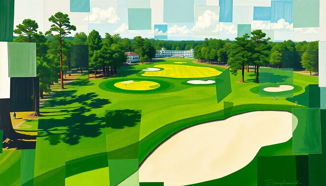 A fractured, multi-perspective painting featuring sharp, overlapping geometric planes in vibrant greens, fairways, and sand traps, conceptually representing the iconic Augusta National golf course and the prestigious Masters tournament.