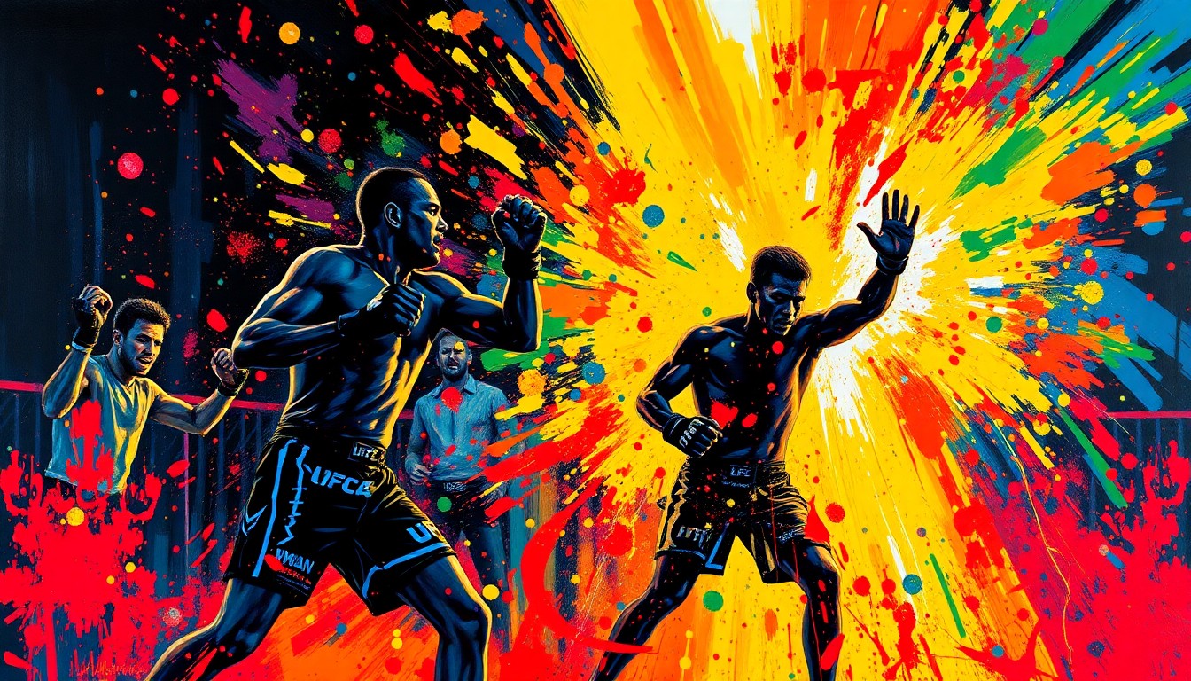 An abstract, expressionist painting featuring bold, neon-colored brushstrokes and the faint silhouettes of UFC fighters, capturing the raw intensity and excitement of the upcoming White House card.