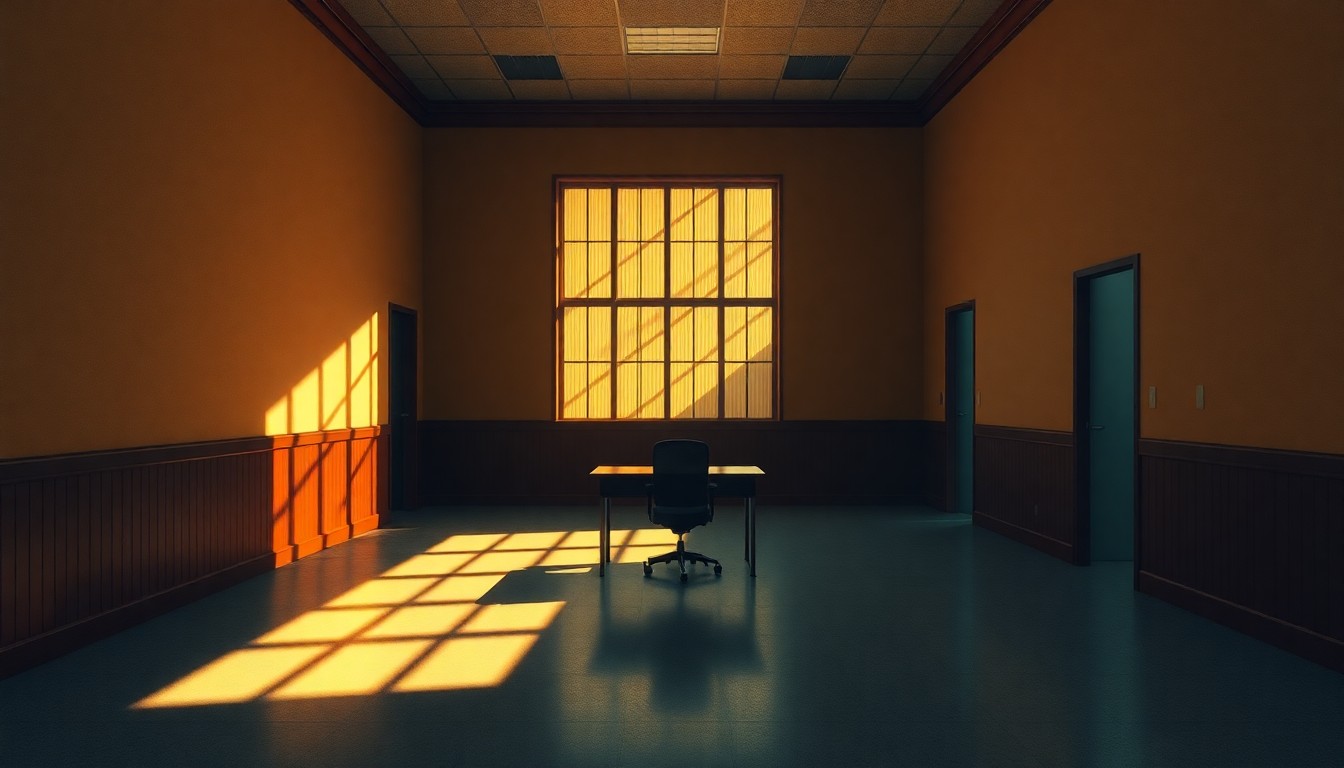 A quiet, cinematic painting of an empty city hall office, with a lone desk and chair bathed in warm, diagonal sunlight and deep shadows, conveying a sense of melancholy and isolation.