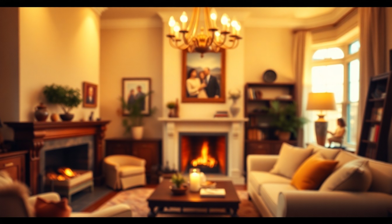 An extremely abstracted, out-of-focus photograph shot through condensation or rain-streaked glass, composed of soft pools of warm color and light capturing the cozy, inviting atmosphere of a well-appointed living room with a fireplace and elegant chandelier.